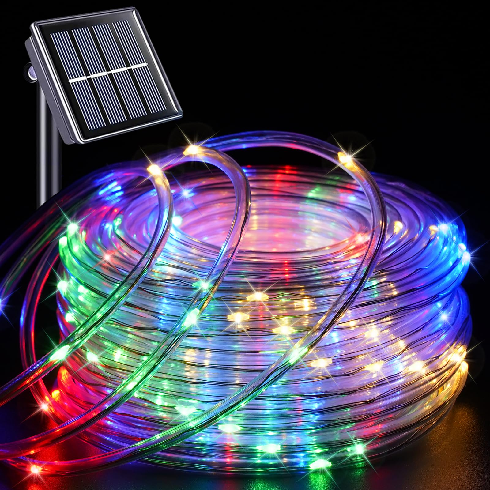 Multicolor solar rope lights coiled with solar panel on black background