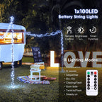 Cool white 1x100 LED battery string lights with remote, brightness and timer, 8 lighting modes