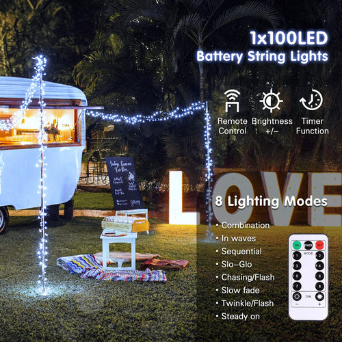 Cool white 1x100 LED battery string lights with remote, brightness and timer, 8 lighting modes