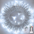 Cool White 100 LED battery string lights coiled with remote and battery case