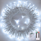 Cool White 100 LED battery string lights coiled with remote and battery case