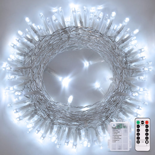 Cool White 100 LED battery string lights coiled with remote and battery case