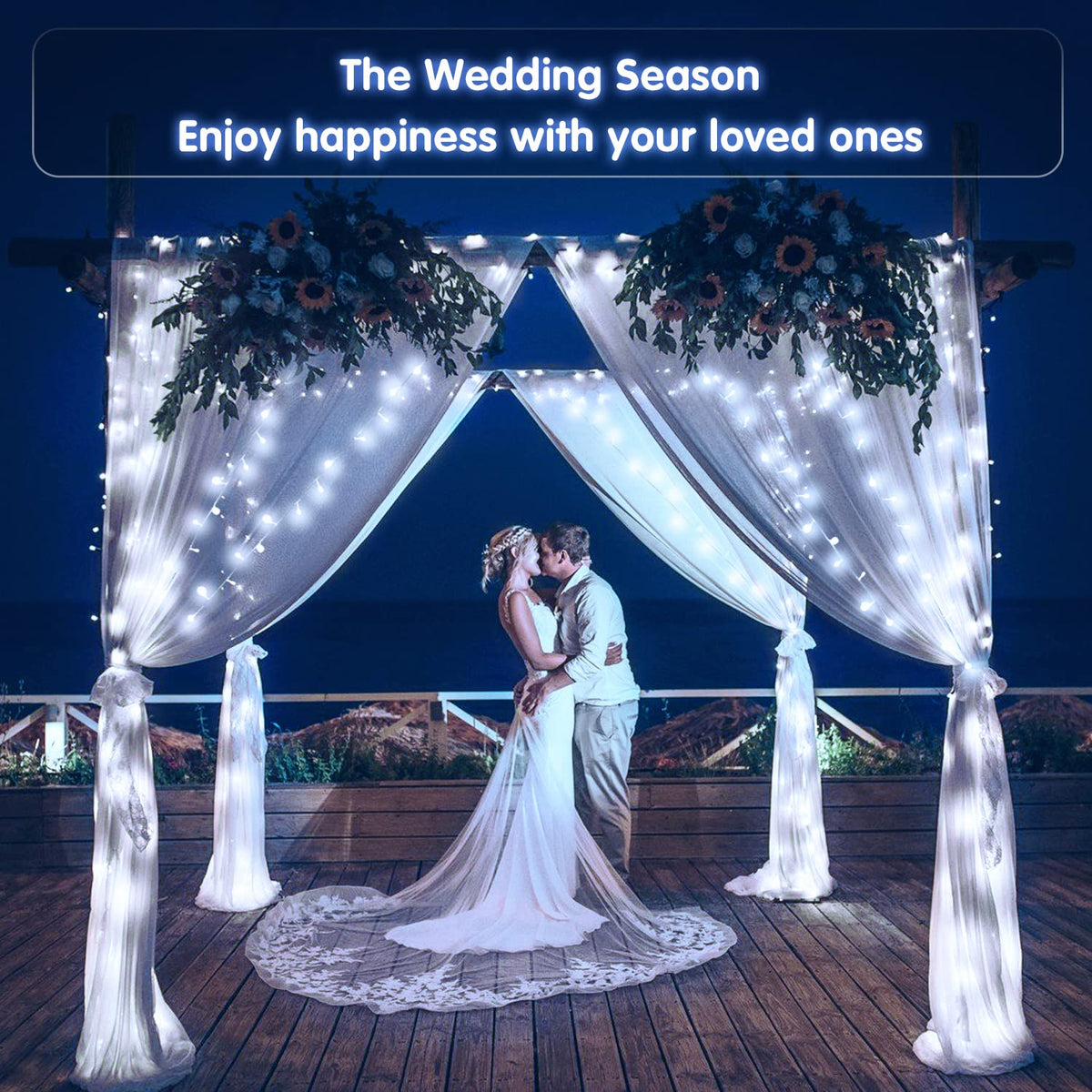Cool White 100 LED battery string lights wrapping a wedding arch at night