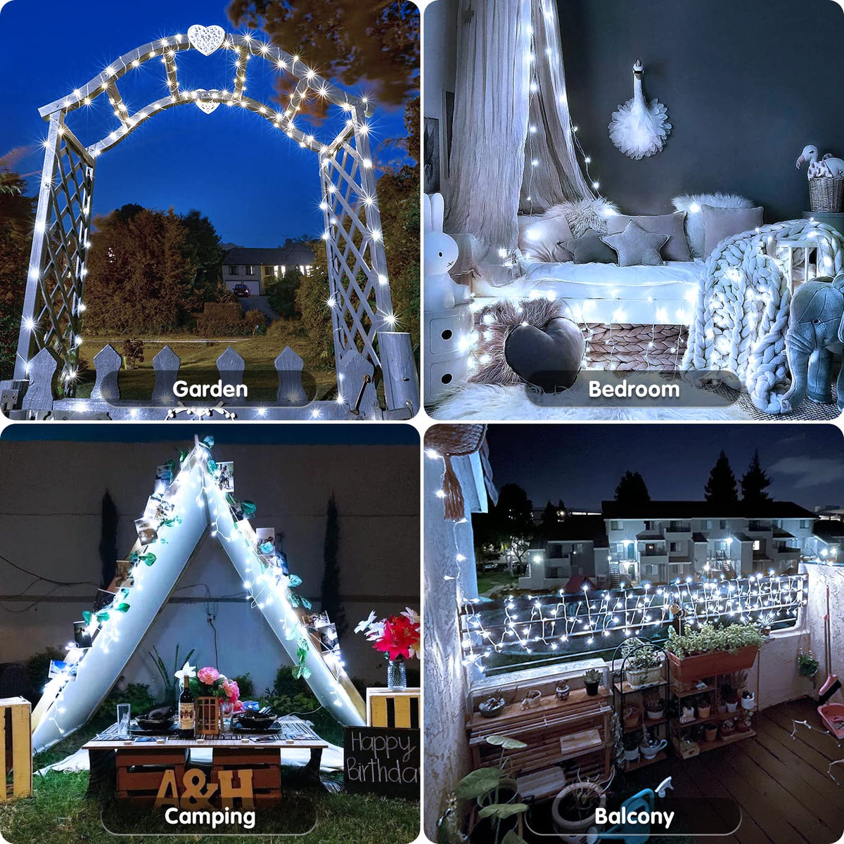Cool white 100 LED battery string lights decorating garden, bedroom, camping and balcony