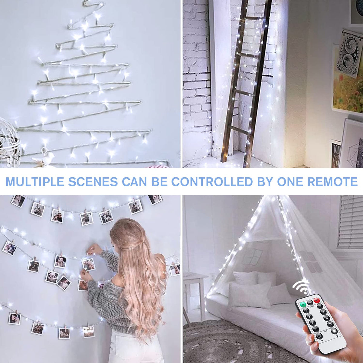 Multiple scenes can be controlled by one remote: cool white 100 LED battery string lights