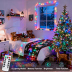 Multicolor 100 LED battery string lights in a bedroom with 8 lighting modes, memory, brightness and timer