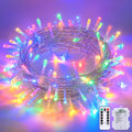Multicolor 100 LED battery string lights coiled with remote and battery case