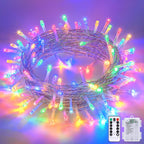 Multicolor 100 LED battery string lights coiled with remote and battery case