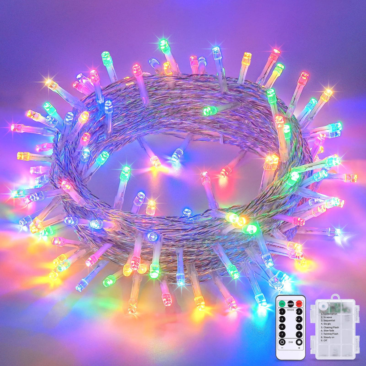 Multicolor 100 LED battery string lights coiled with remote and battery case