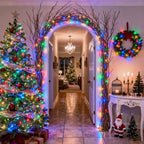 Multicolor 100 LED battery string lights on a Christmas tree and decorative arch