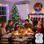 Multicolor 100 LED battery string lights around a Christmas family dinner