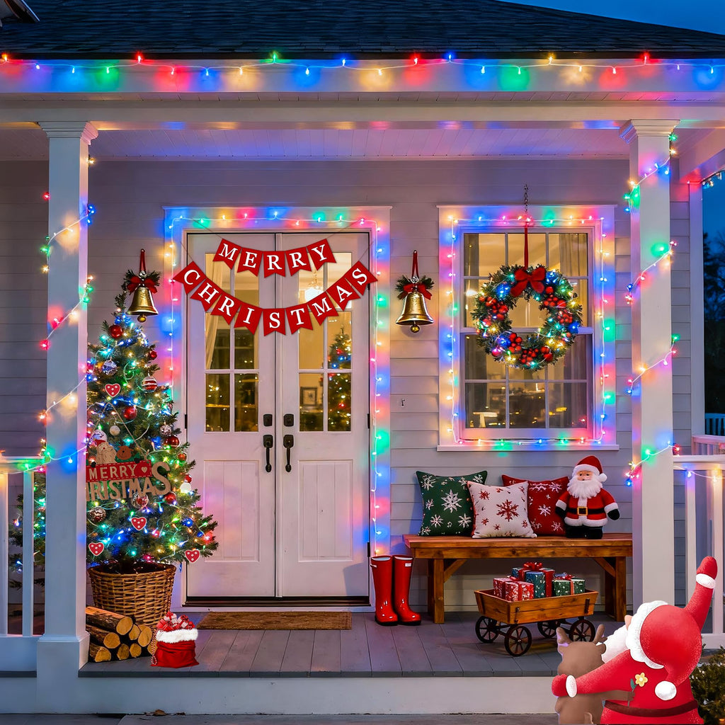 Multicolor 100 LED battery string lights on a Christmas porch with merry christmas sign