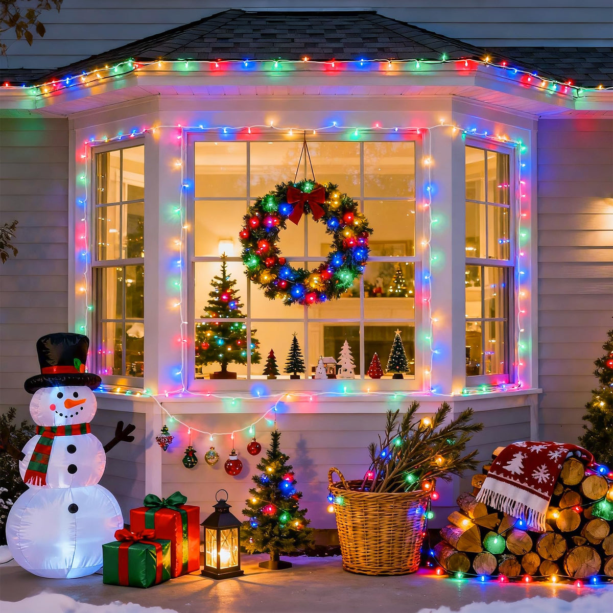 Multicolor 100 LED battery string lights framing a house window with Christmas wreath