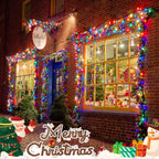 Multicolor 100 LED battery string lights wrapped around a Christmas shopfront