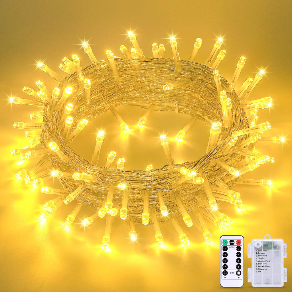 Warm White 100 LED battery string lights coiled with remote and battery case