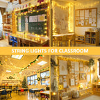 Warm white 100 LED battery string lights decorating a classroom in four views