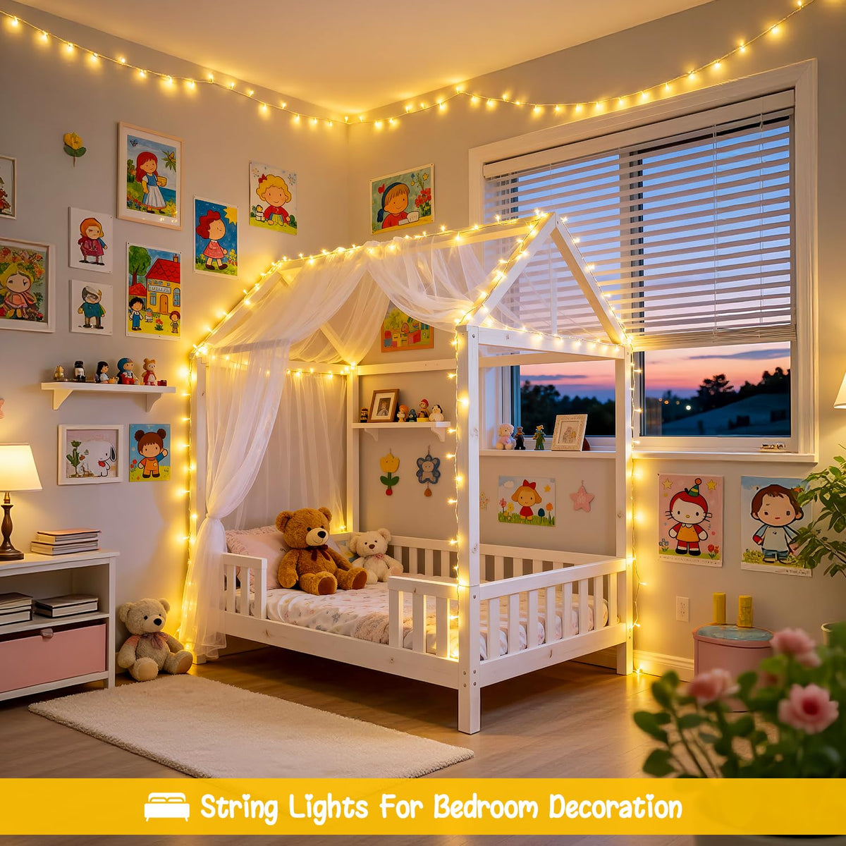 Warm white 100 LED battery string lights framing a kids bed canopy
