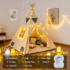 Warm white 100 LED battery string lights around a kids teepee with 8 lighting modes