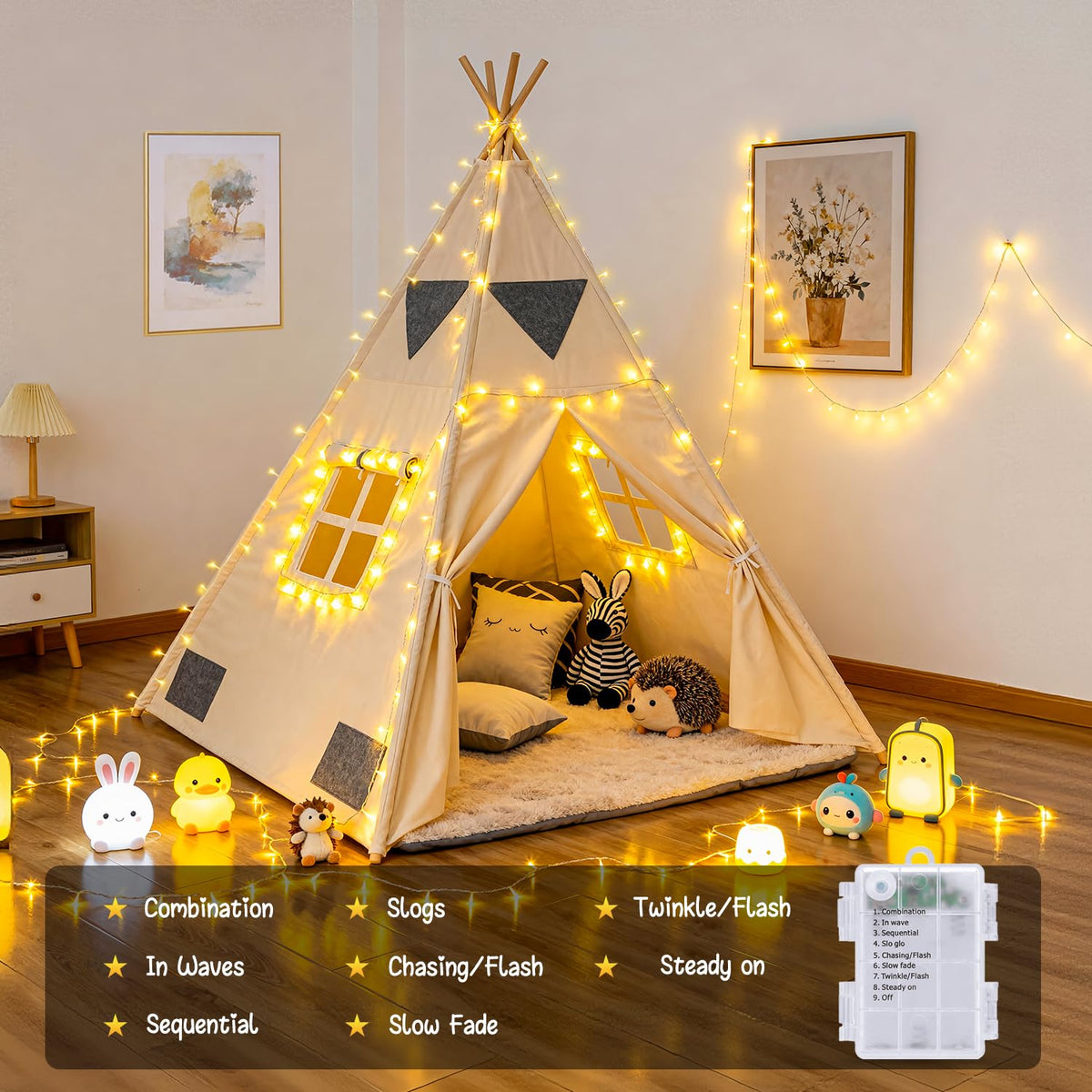 Warm white 100 LED battery string lights around a kids teepee with 8 lighting modes
