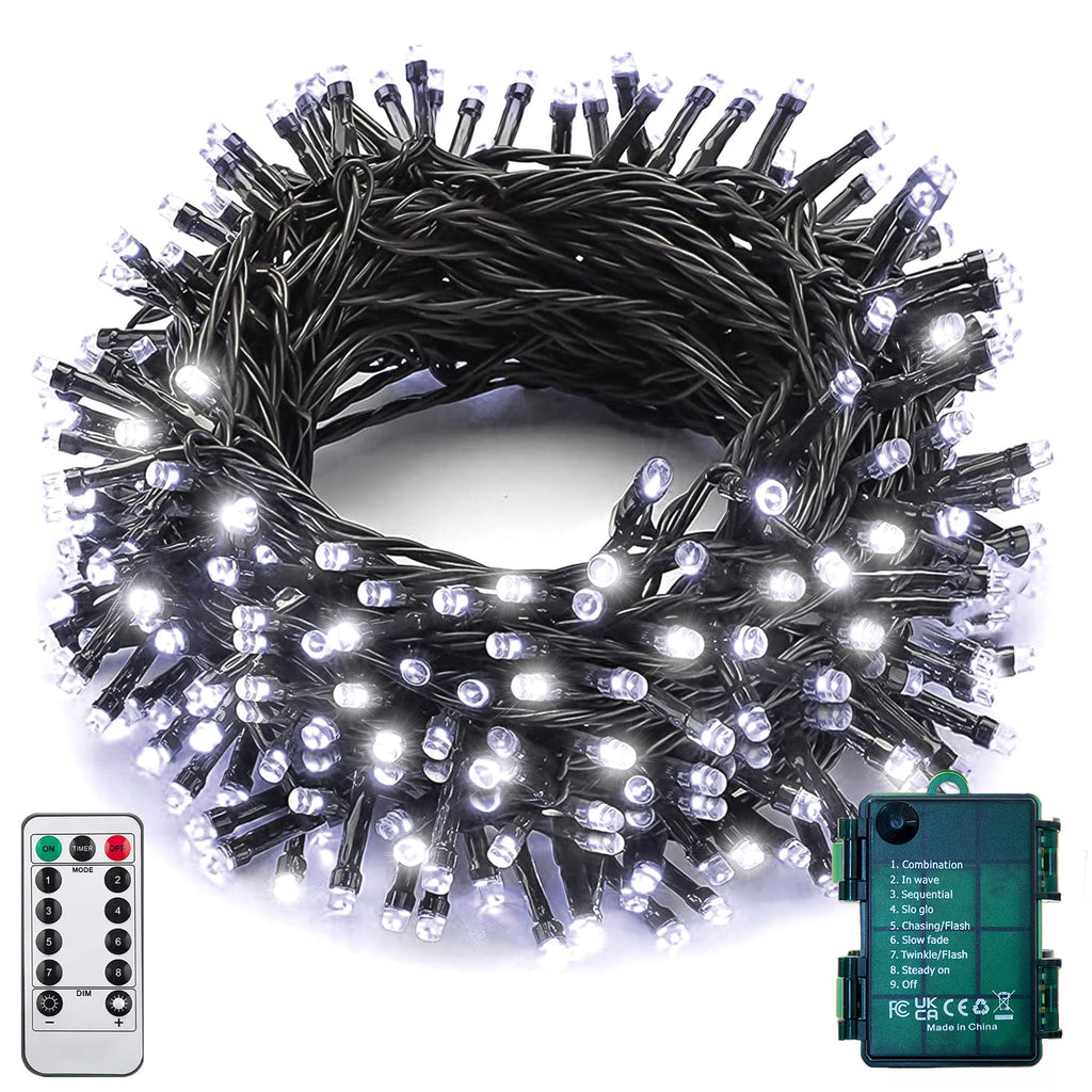 Cool white 100 LED battery string lights on dark green wire coiled with remote and waterproof battery case