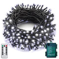 Cool white 100 LED battery string lights on dark green wire coiled with remote and waterproof battery case