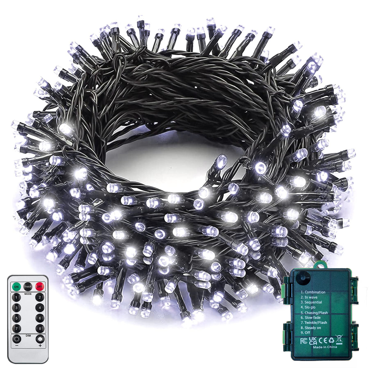 Cool white 100 LED battery string lights on dark green wire coiled with remote and waterproof battery case