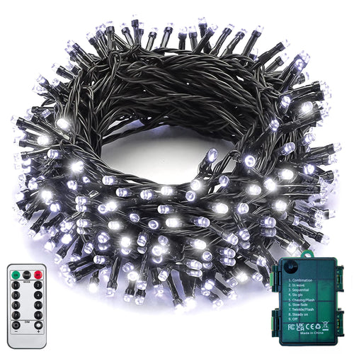 Cool white 100 LED battery string lights on dark green wire coiled with remote and waterproof battery case