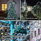 Cool white dark green wire string lights on an outdoor Christmas tree, garden steps and city plaza trees