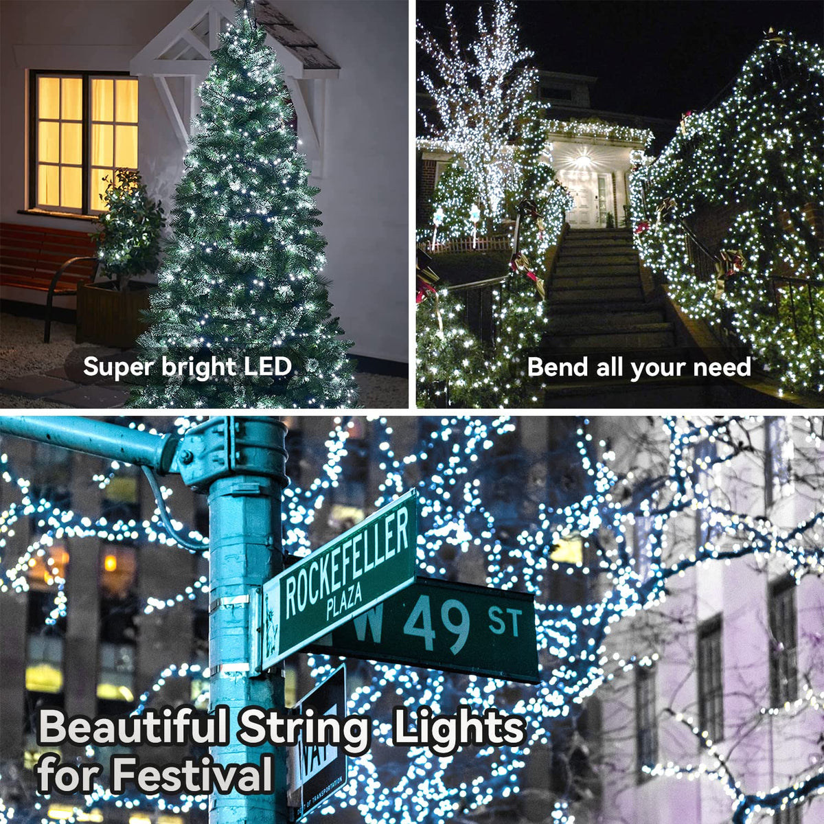 Cool white dark green wire string lights on an outdoor Christmas tree, garden steps and city plaza trees