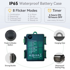 IP65 waterproof battery case with 8 flicker modes, timer, power button, hanging hole, buckle and sealing ring