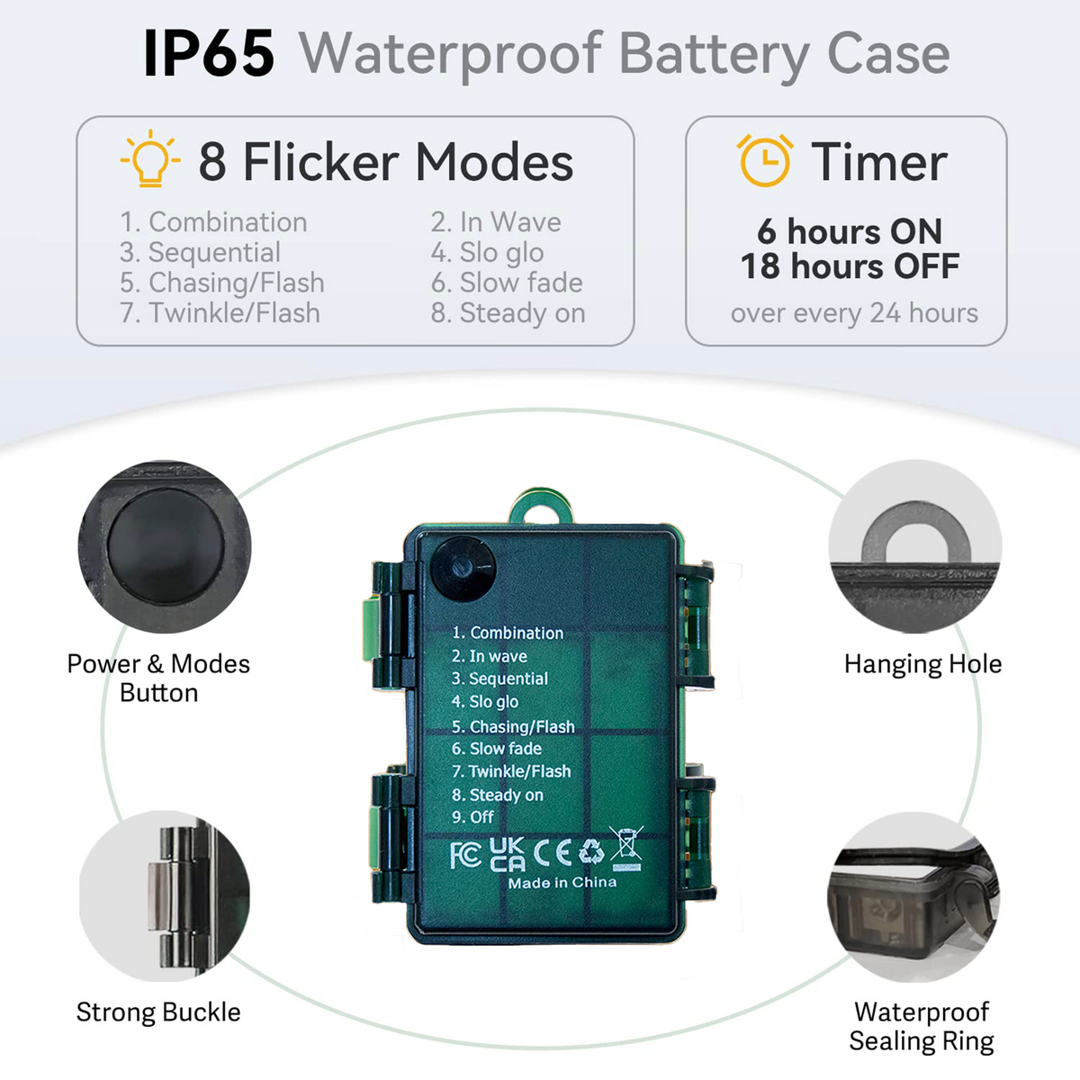 IP65 waterproof battery case with 8 flicker modes, timer, power button, hanging hole, buckle and sealing ring