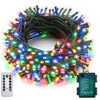 Multicolor 100 LED battery string lights on dark green wire coiled with remote and waterproof battery case