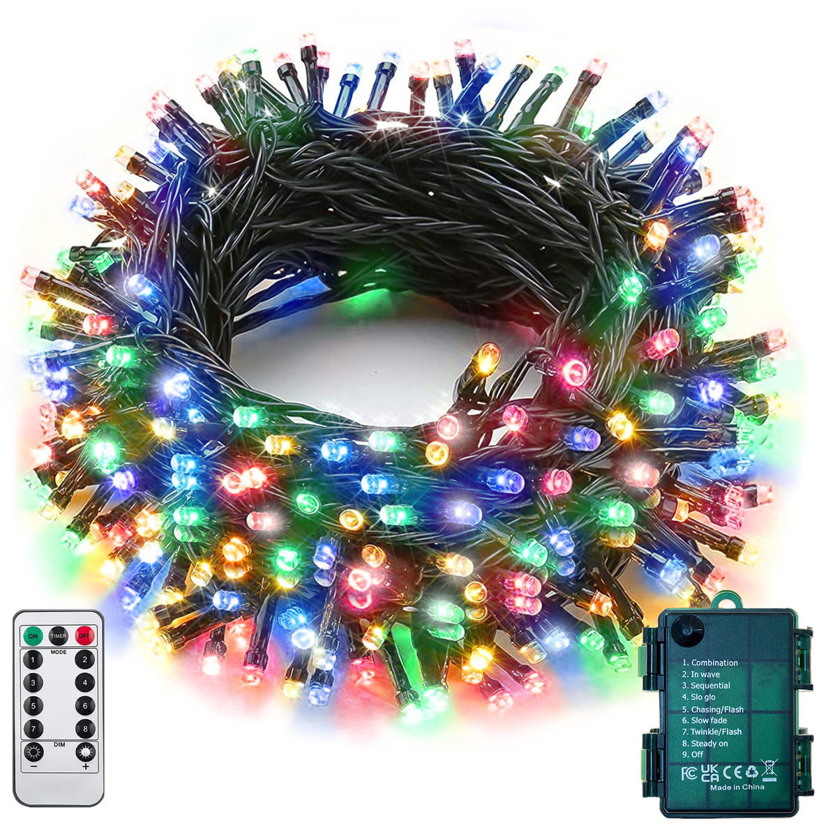 Multicolor 100 LED battery string lights on dark green wire coiled with remote and waterproof battery case