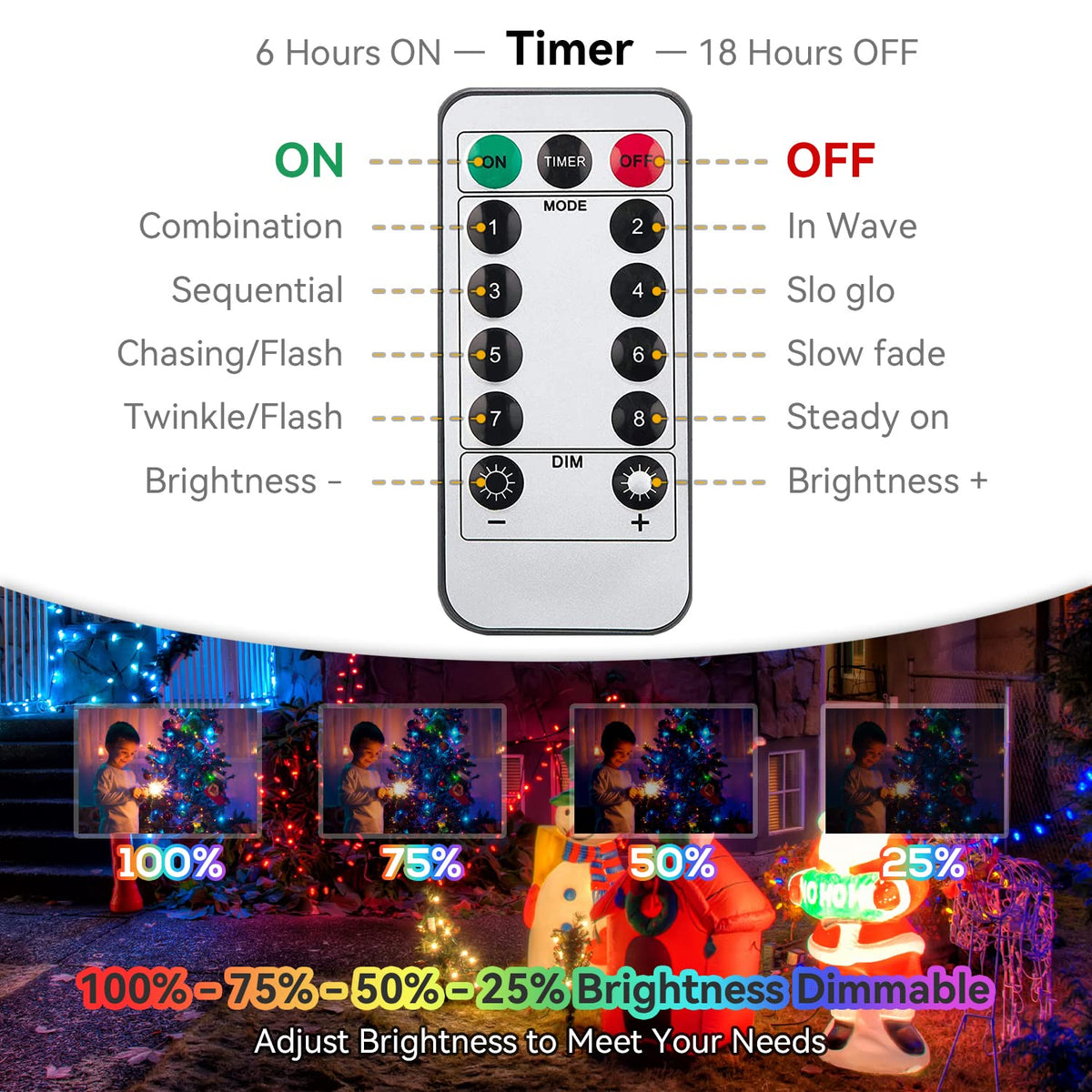 Multicolor battery string lights remote with 8 modes, 6H on 18H off timer and 100 to 25 percent dimming
