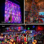 Multicolor battery string lights used on window curtains, an indoor Christmas tree, a roofline and a garden display