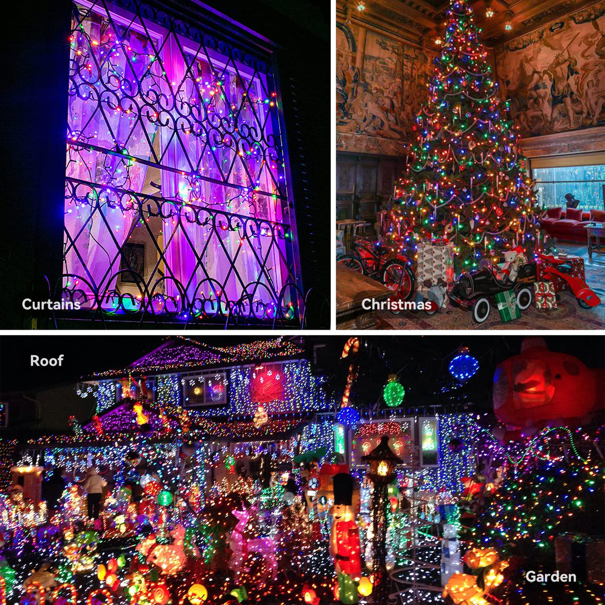 Multicolor battery string lights used on window curtains, an indoor Christmas tree, a roofline and a garden display