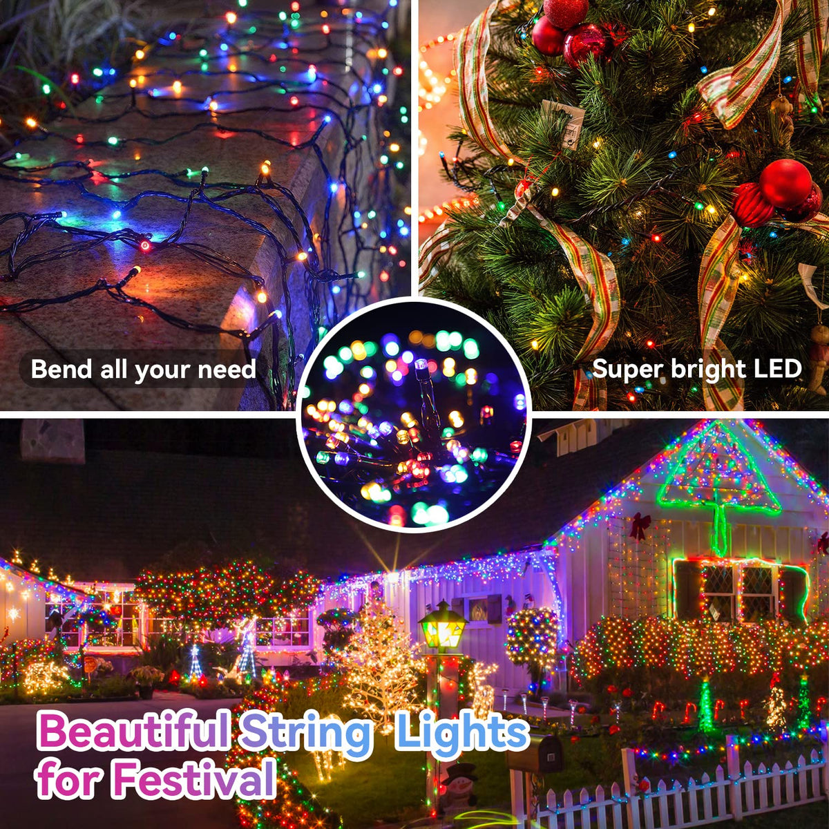 Multicolor dark green wire string lights along garden steps, on a Christmas tree and across a decorated house