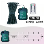 100 LED dark green wire string lights size chart: 32.8ft total length, 3.94in bulb spacing and 0.98ft lead wire