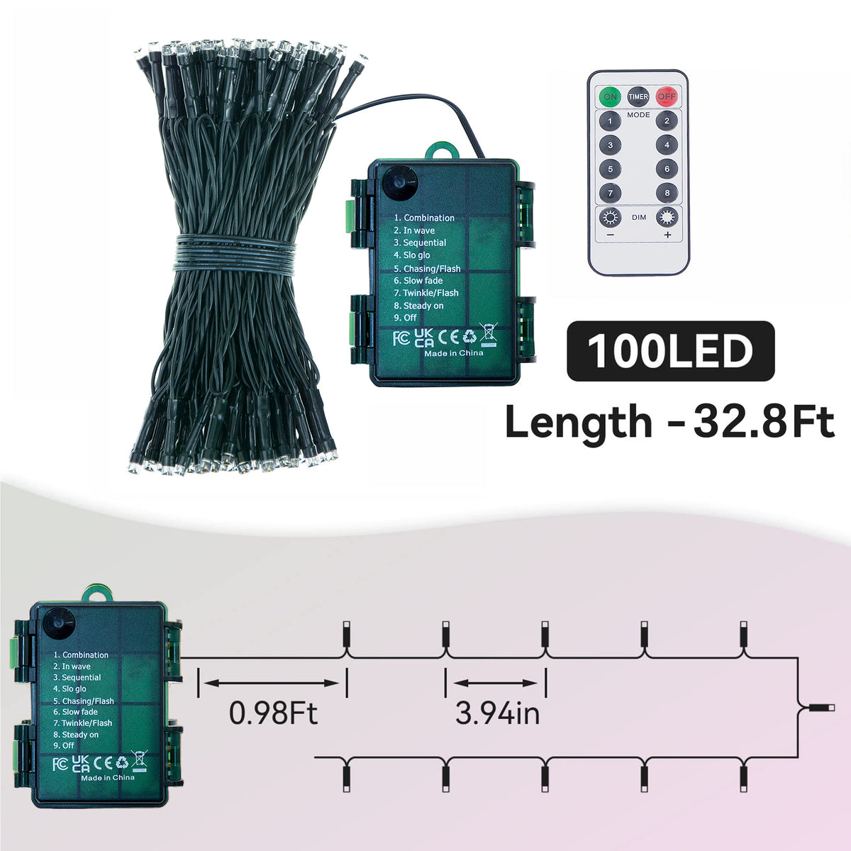 100 LED dark green wire string lights size chart: 32.8ft total length, 3.94in bulb spacing and 0.98ft lead wire