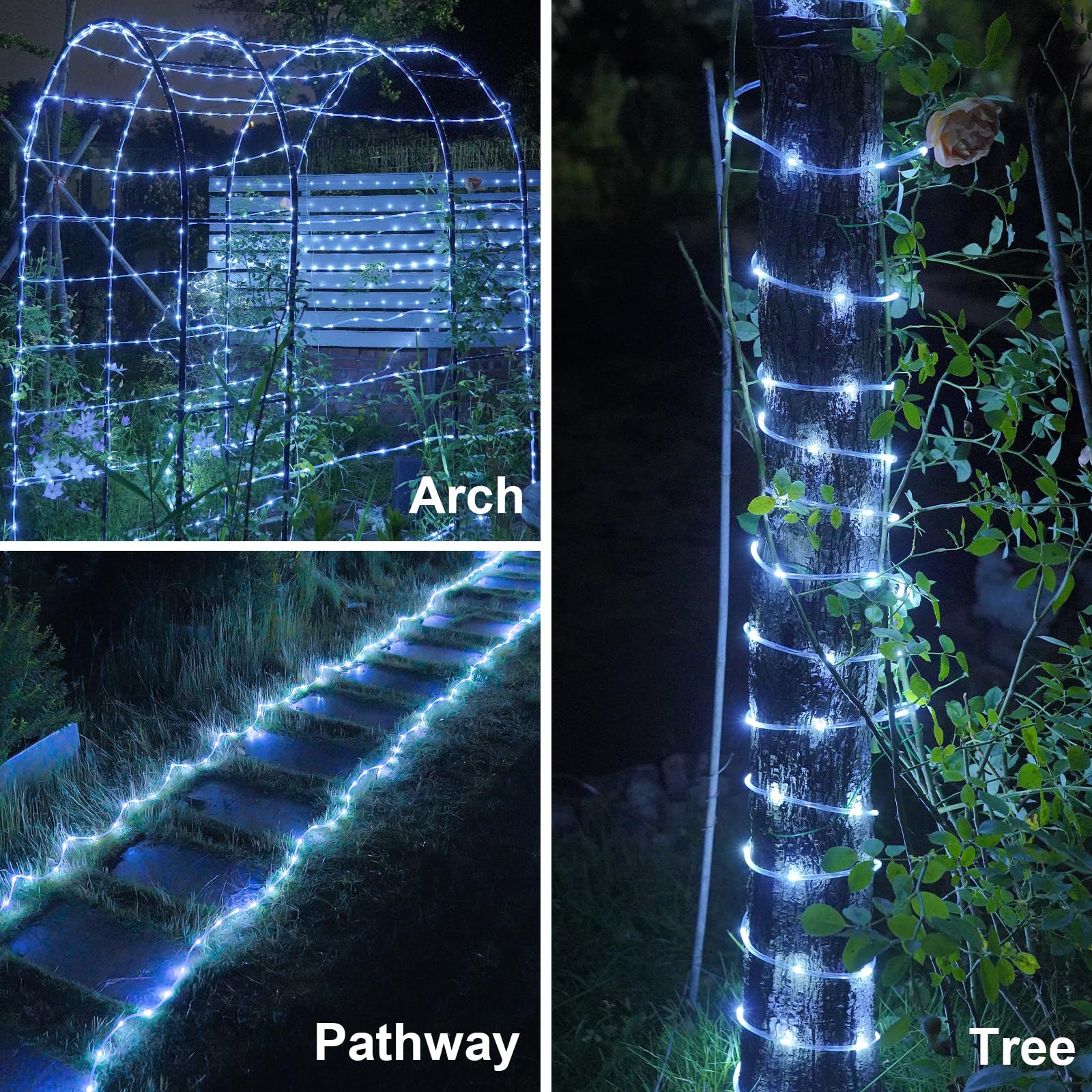 Cool White solar rope lights auto-charging by day and glowing at night