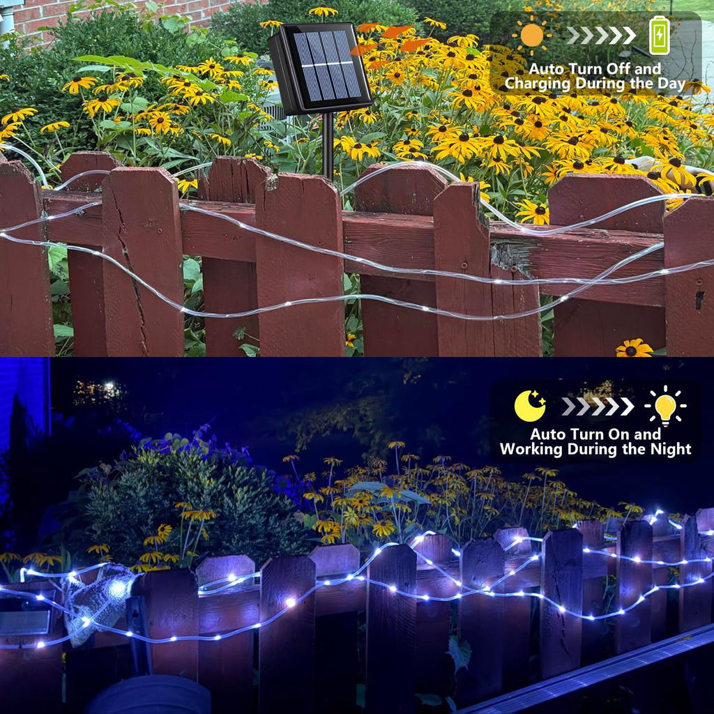 Cool White solar rope lights feature icons: solar panel, 8 modes, memory, IP44 rated