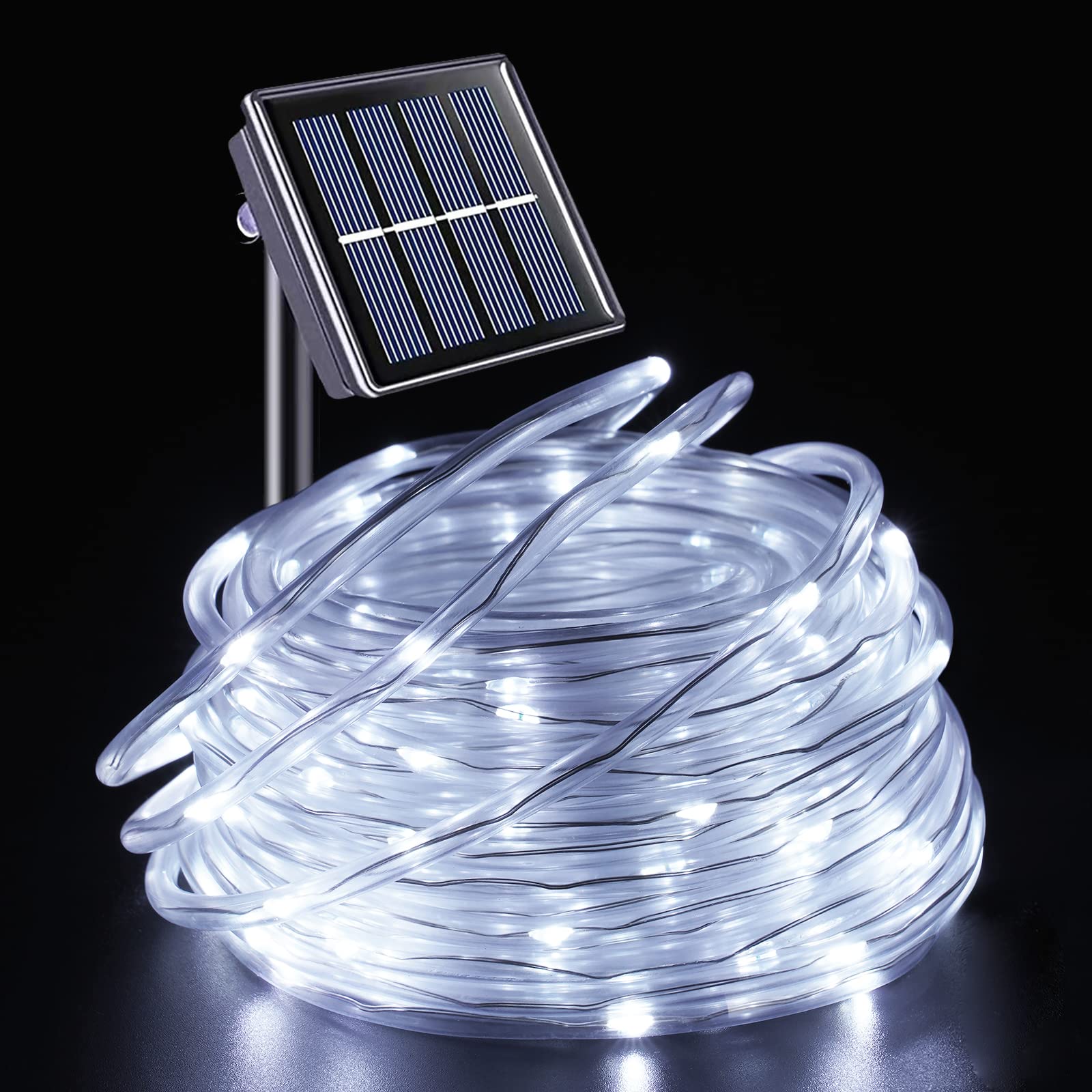 Cool White solar rope lights coiled with solar panel on black background
