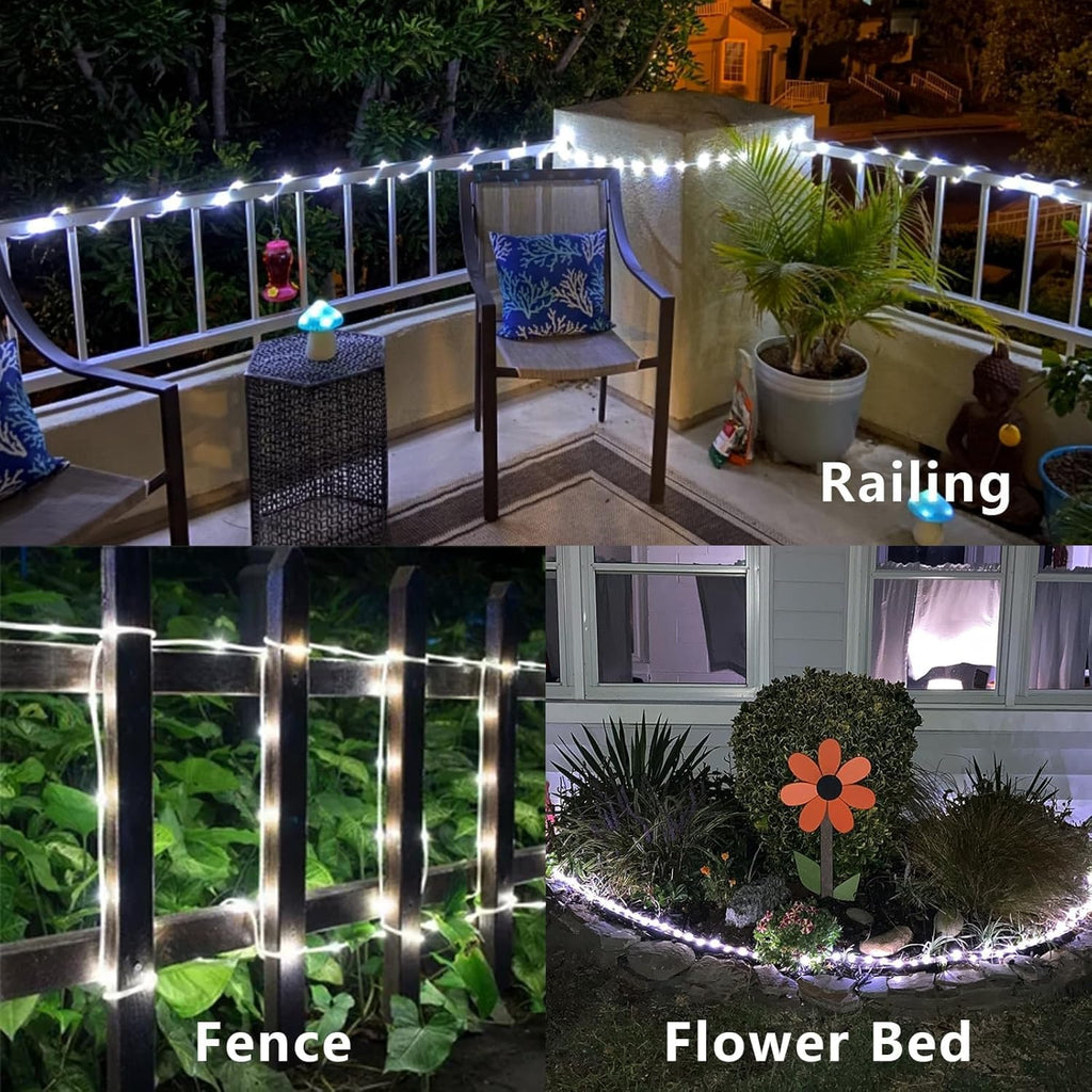 Cool White solar rope lights along a garden pathway, railing and arch