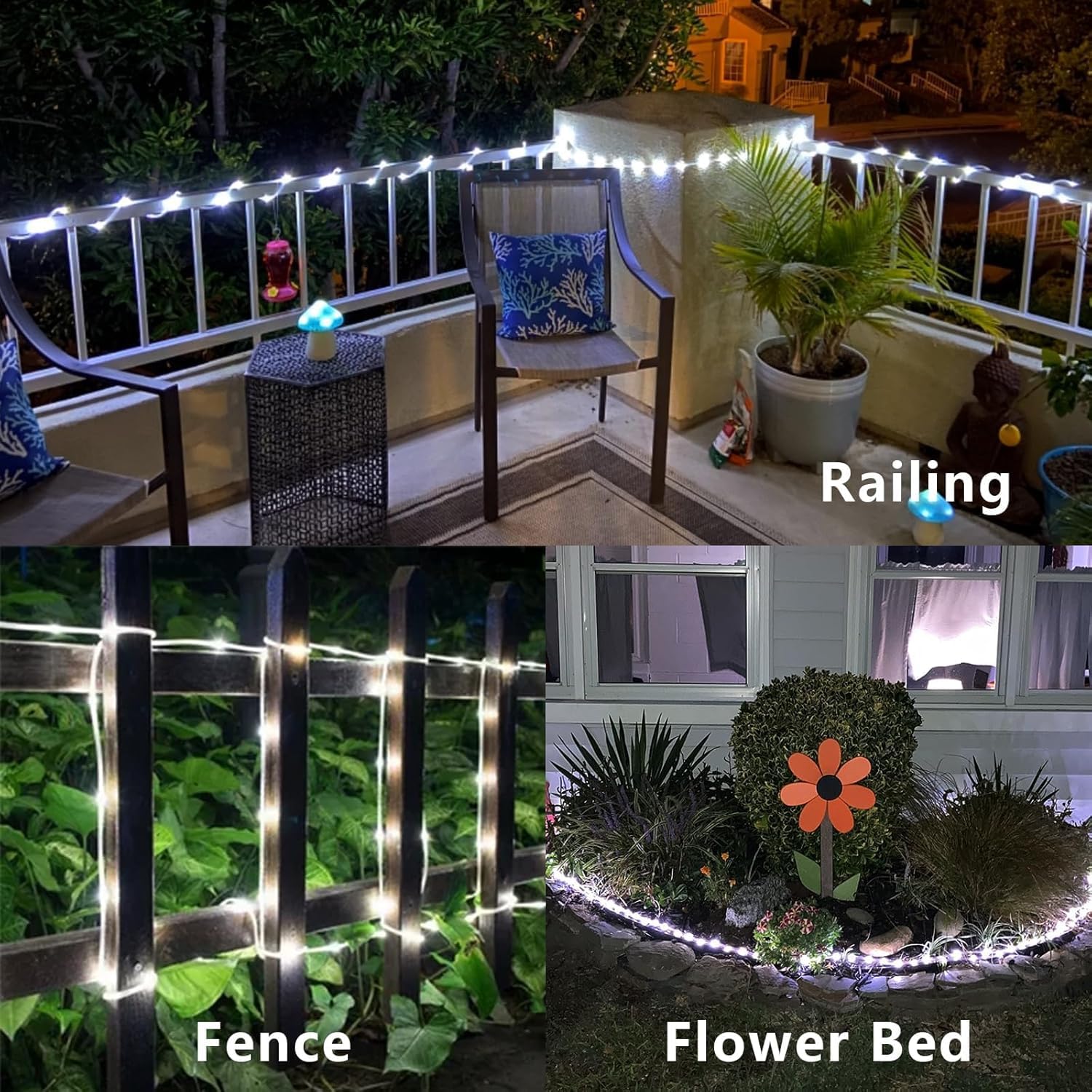 Cool White solar rope lights along a garden pathway, railing and arch