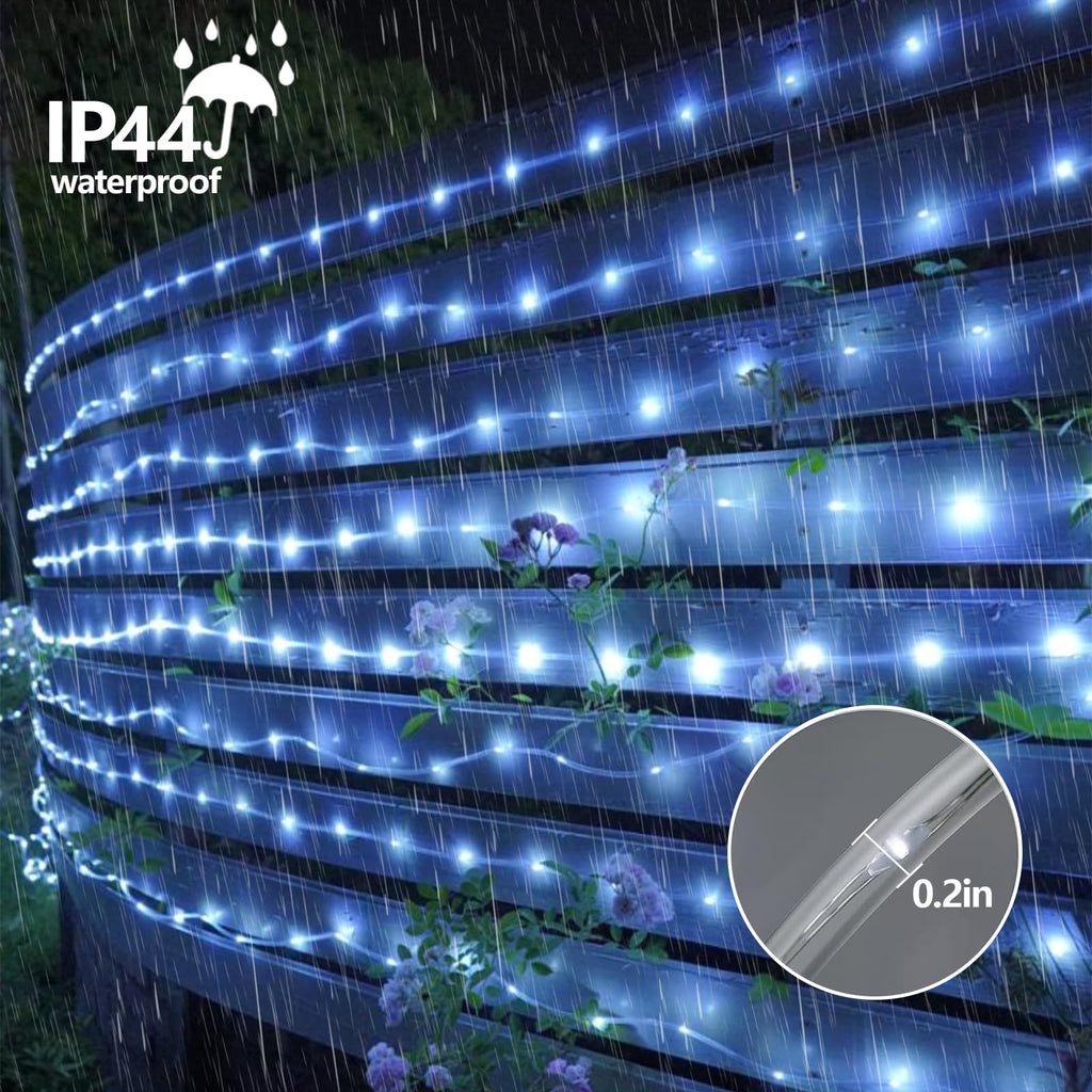 Cool White solar rope lights decorating stairs, fence and patio