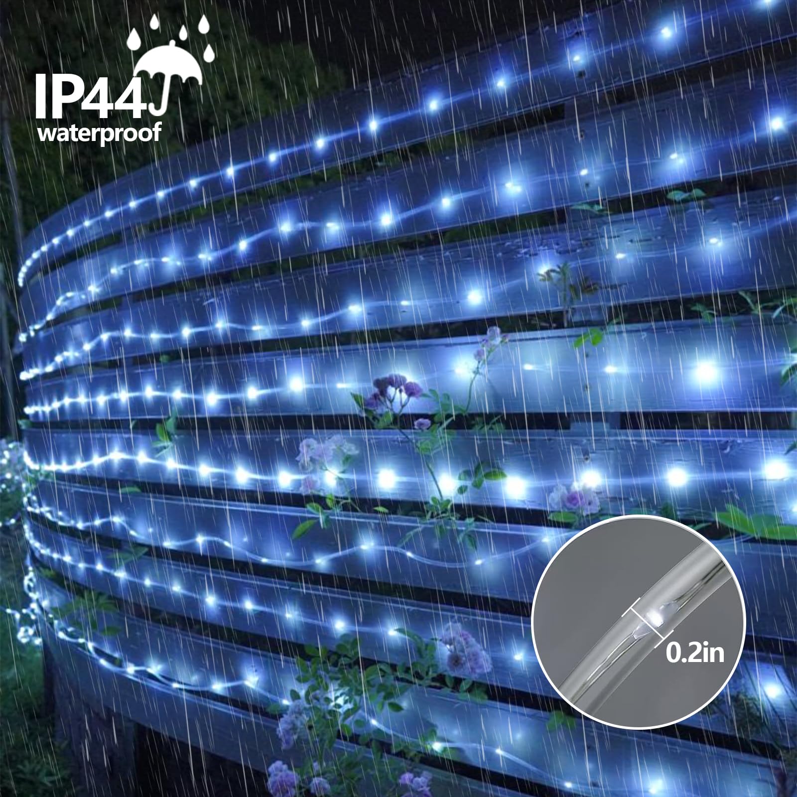 Cool White solar rope lights decorating stairs, fence and patio
