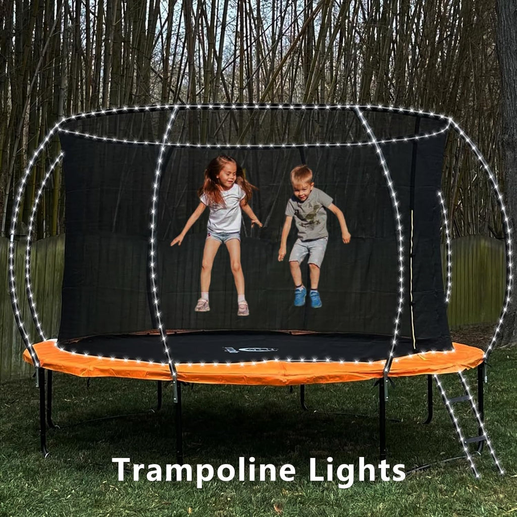 Cool White solar rope lights around a trampoline enclosure