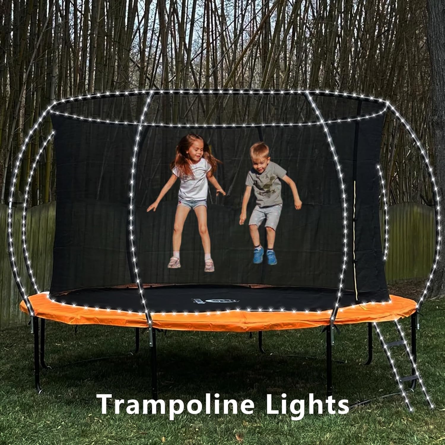 Cool White solar rope lights around a trampoline enclosure