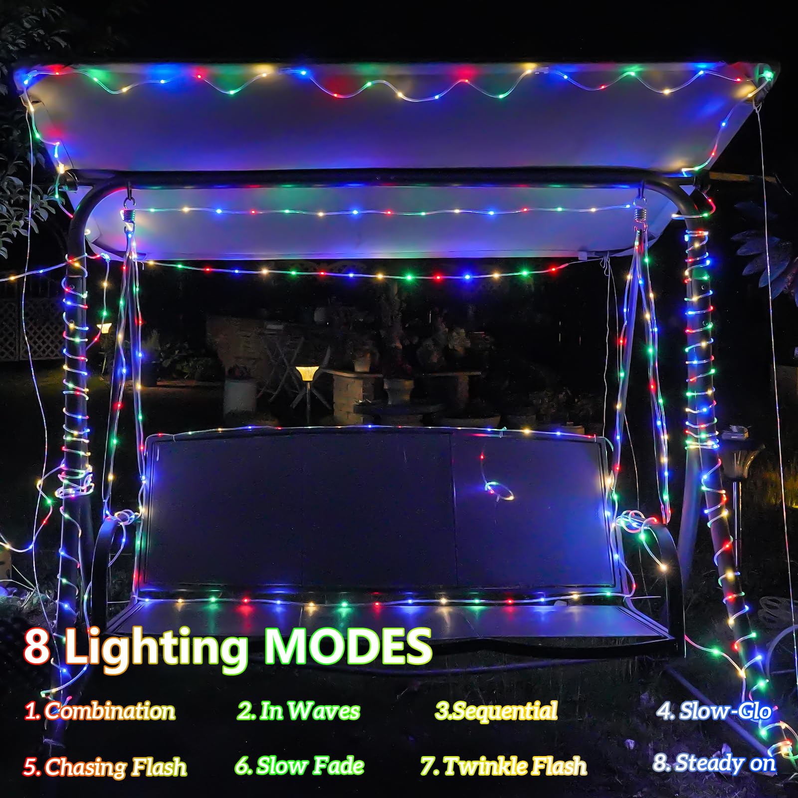 Multicolor solar rope lights auto-charging by day and glowing at night