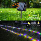Multicolor solar rope lights feature icons: solar panel, 8 modes, memory, IP44 rated